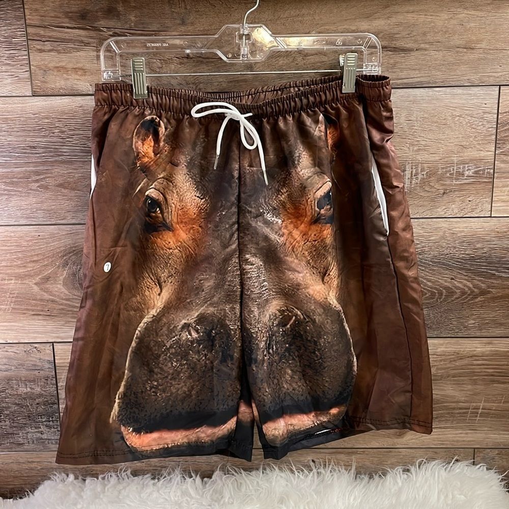 Men’s Novelty Hippo Swim Trunks Shorts, Brown, Size Large